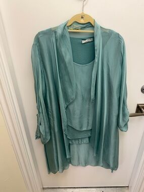 Teal Satin Layered Duster and Tank Set